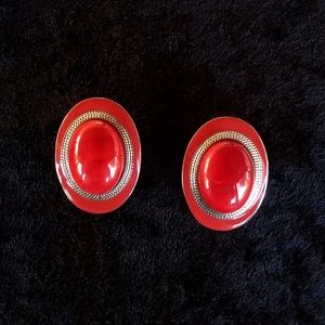 Vintage Karla Jordan - Red Silver Oval Earrings